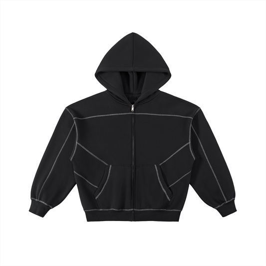 Contrast-Stitched Boxy Fleece Zip Hoodie