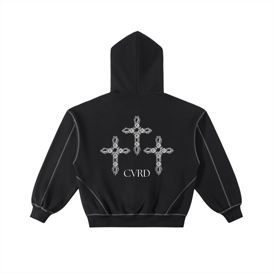 Contrast-Stitched Boxy Fleece Zip Hoodie